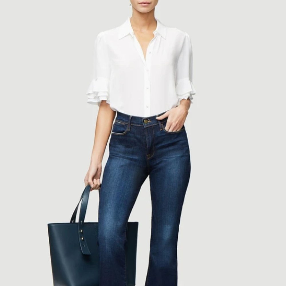 Frame Ruffle Sleeve Silk Blouse In Blanc - Picture 3 of 7